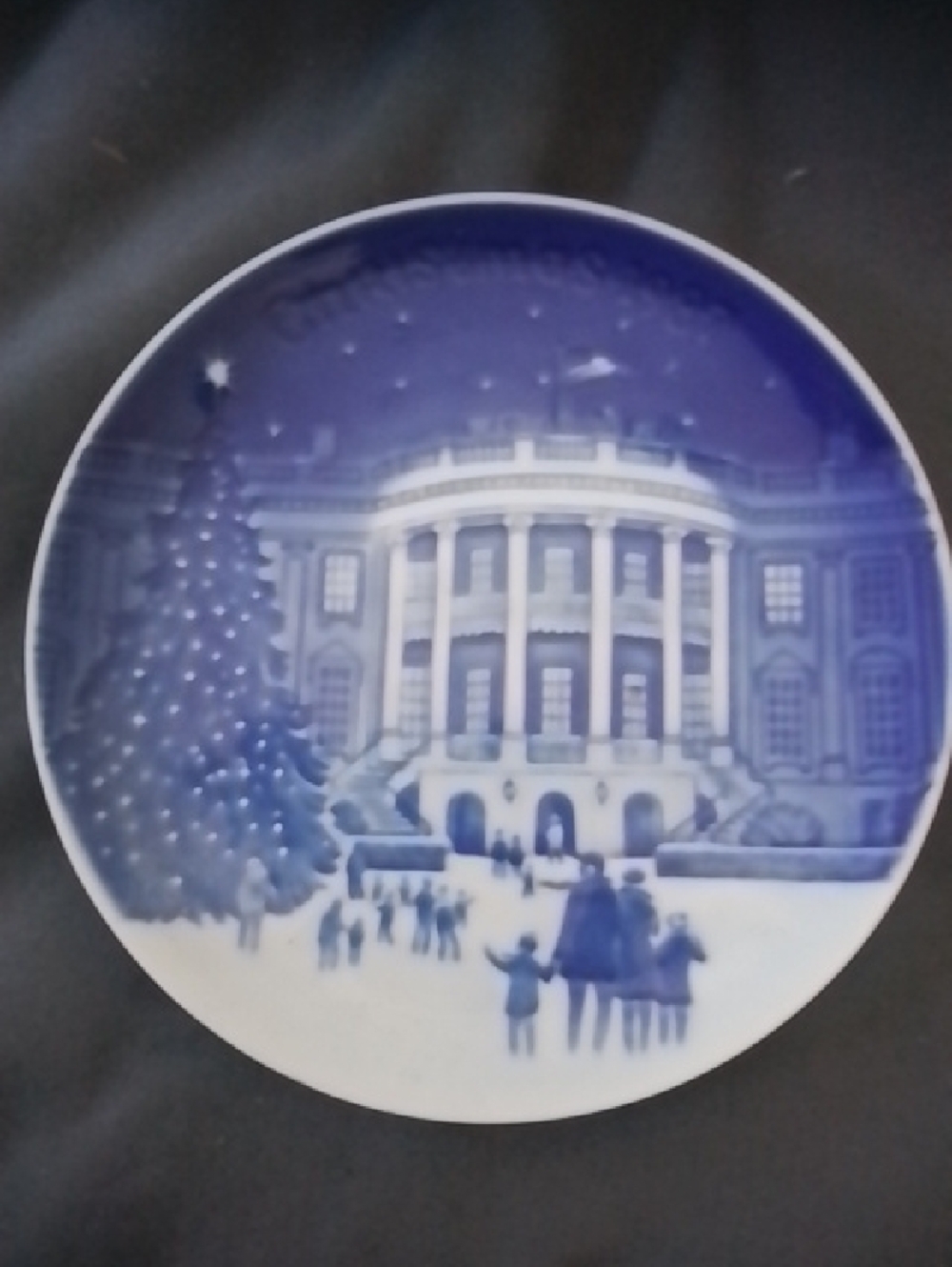 Blue & White Decorative Holiday Plate - White House Winter Scene